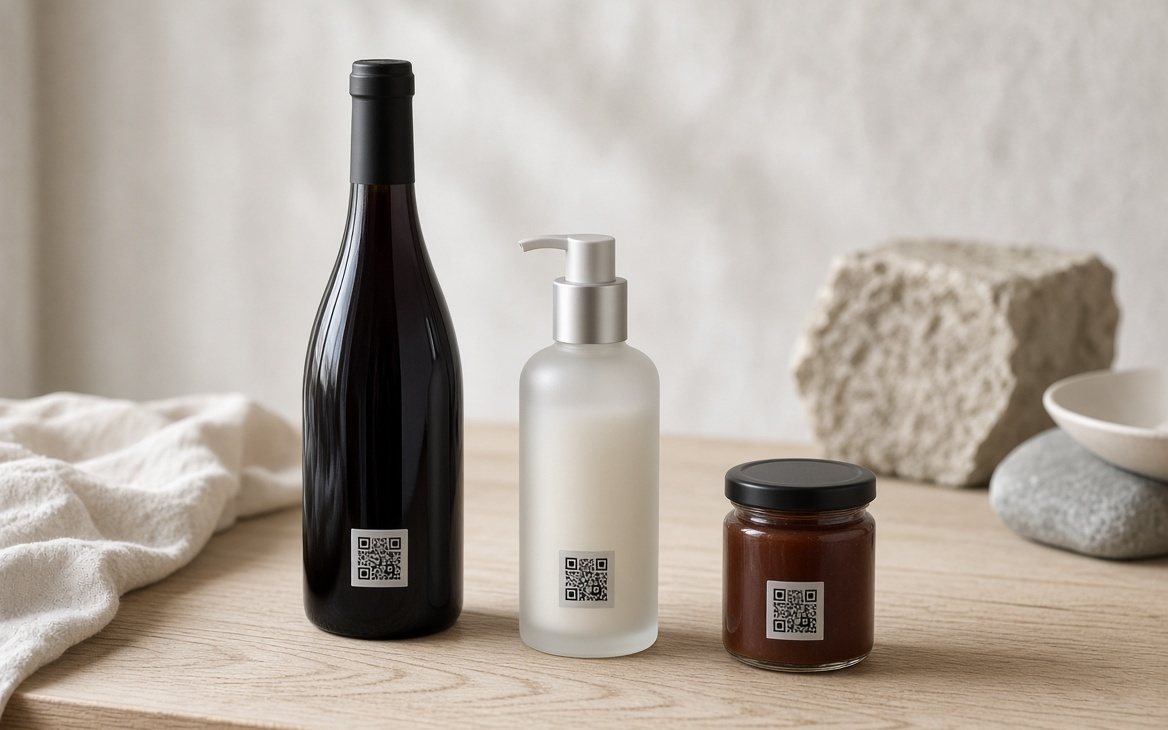 A wine bottle, a skincare bottle and a jar of sauce, each with its own QR code on the label